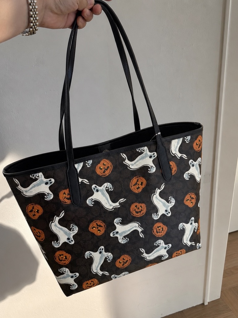 Coach Black Tote with White Ghosts and Orange Pumpkins